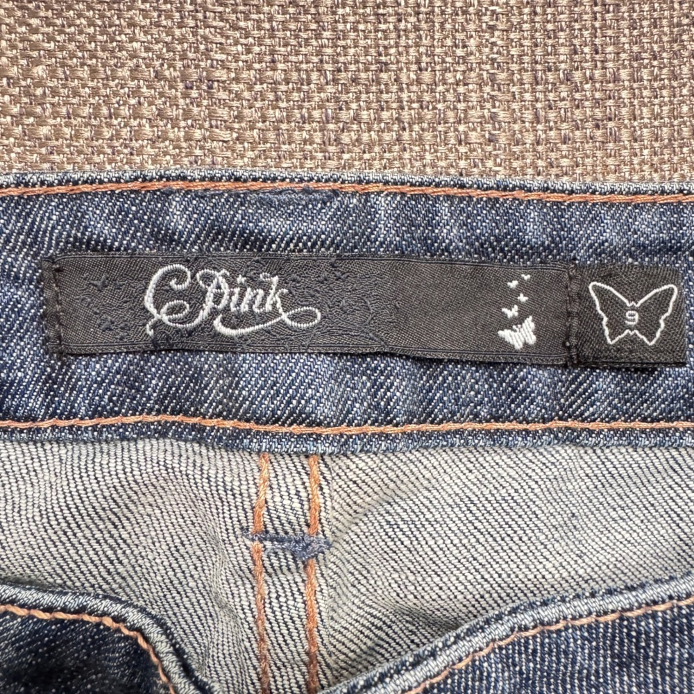 C Pink Blue Distressed Denim Cut Off Shorts Women Size 9 Frayed Hem Whiskered - Picture 2 of 11